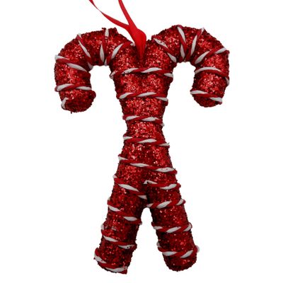 Glitter Cross Candy Canes Hanging Decoration - Red - 17cm
