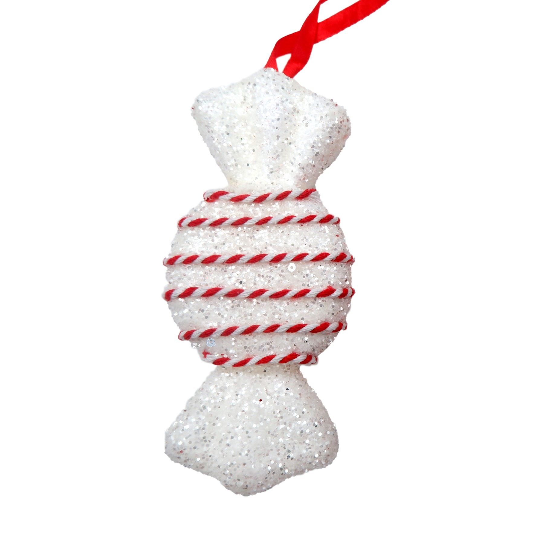 Round Candy with Glitter/String Detail Hanging Decoration - White / Red - 14cm