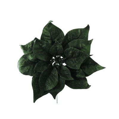 Sparkle Finish Poinsettia Pick - Dark Green - 24cm