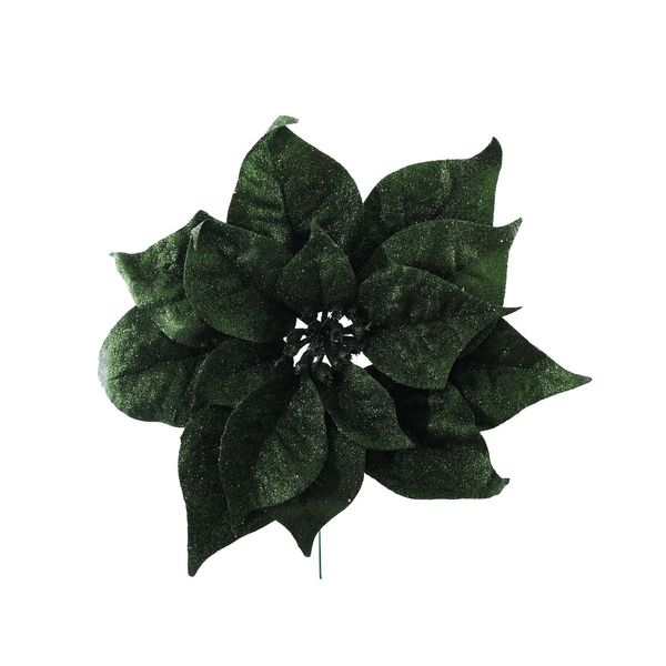 Sparkle Finish Poinsettia Pick - Dark Green - 24cm