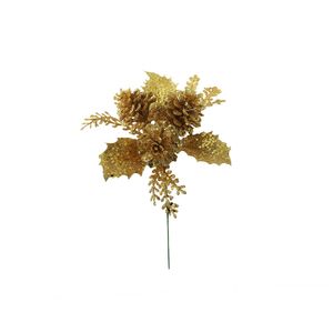 Glitter / Sequin  Covered Cones & Foliage Pick - Gold - 18cm