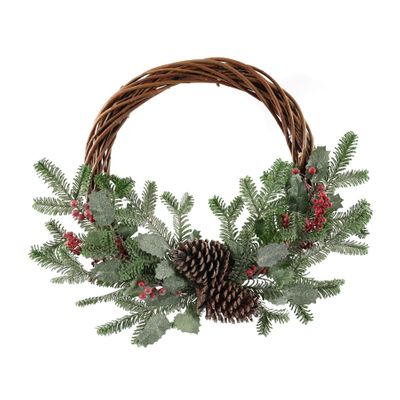Willow Half Wreath with 2 Cones & Berries - 55cm
