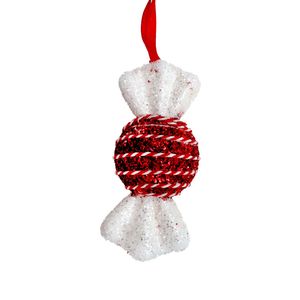 Glitter Round Red Candy with String Detail Hanging Decoration - Red/White - 13cm