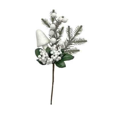 White Glitter Berries & Mushroom with Green Foliage Pick - 25cm