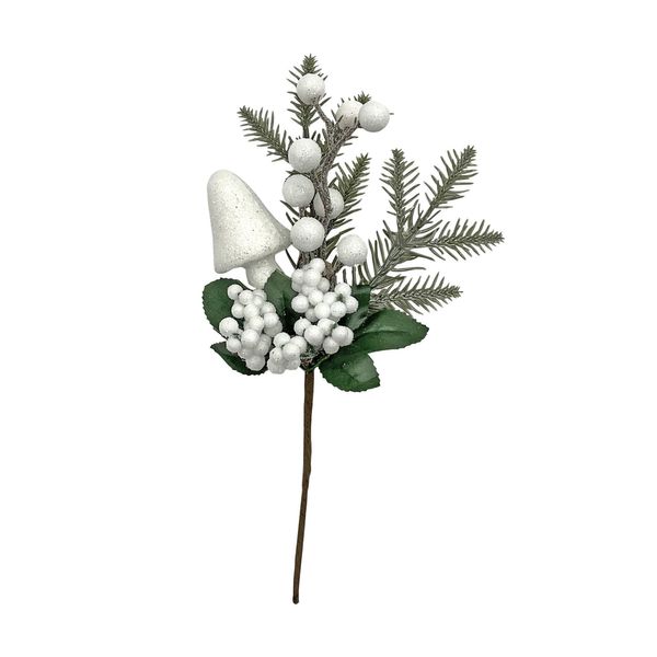 White Glitter Berries & Mushroom with Green Foliage Pick - 25cm