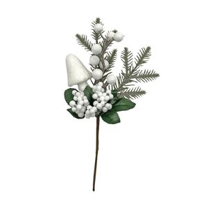 White Glitter Berries & Mushroom with Green Foliage Pick - 25cm