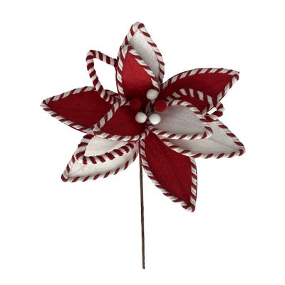 Striped Edge Fabric Poinsettia Pick - Red/White - 30cm