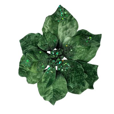Velvet Poinsettia with Clip - Green - 25cm