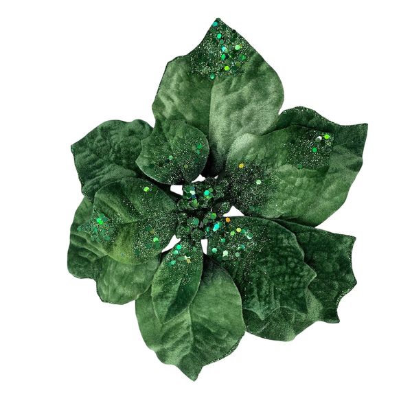 Velvet Poinsettia with Clip - Green - 25cm