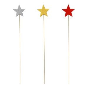 9cm Wooden Star Clear Glaze on 50cm Stick -x4Red x4Gold x4Silver- Box of 12