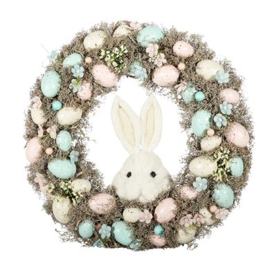 Easter Wreath with Pastel Eggs & White Rabbit Face - 43cm