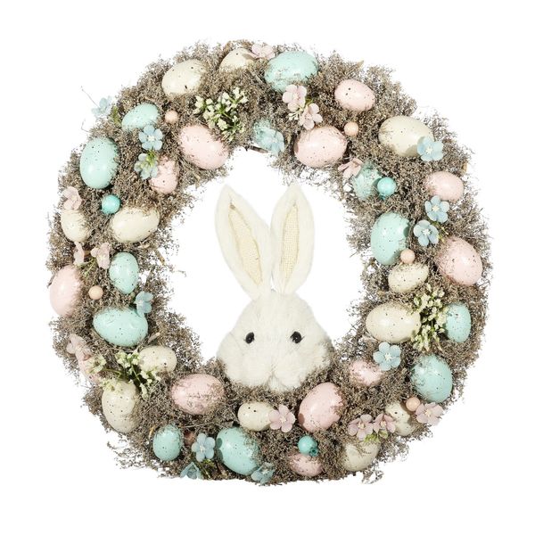 Easter Wreath with Pastel Eggs & White Rabbit Face - 43cm