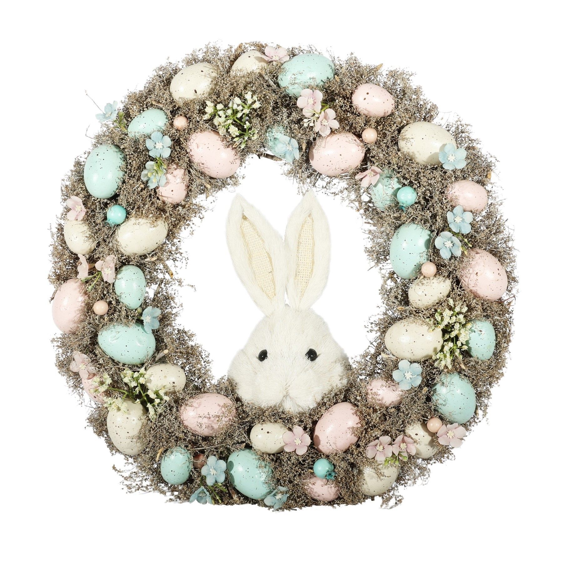 Easter Wreath with Pastel Eggs & White Rabbit Face - 43cm