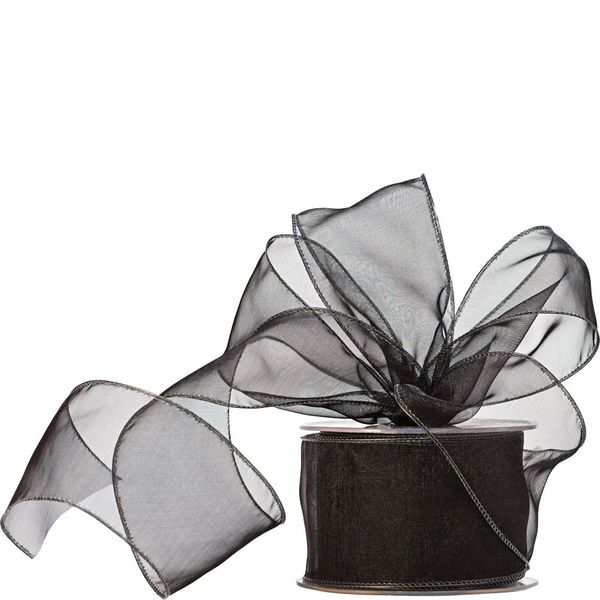 60mm Wired Edge Plain Organza Ribbon  Black_1