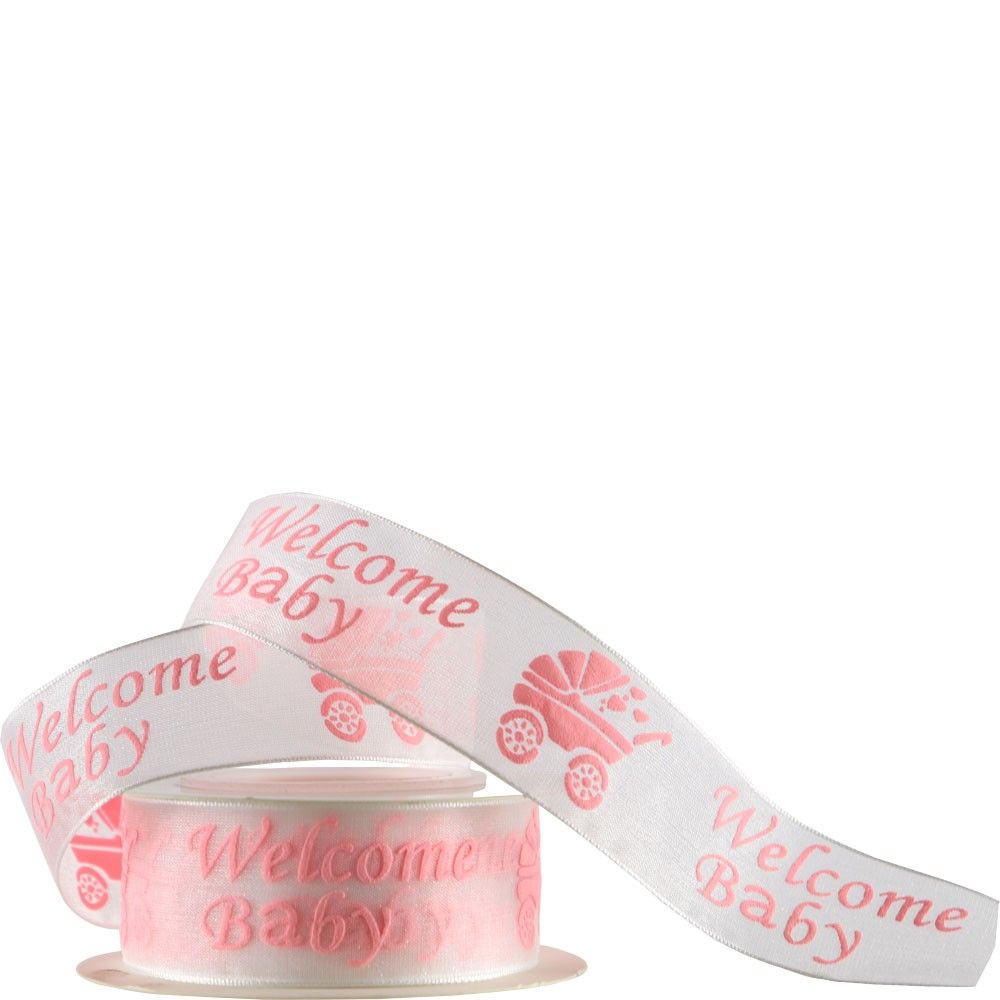 25mm Organza Message Ribbon � Welcome Baby Pram (Pink)_1