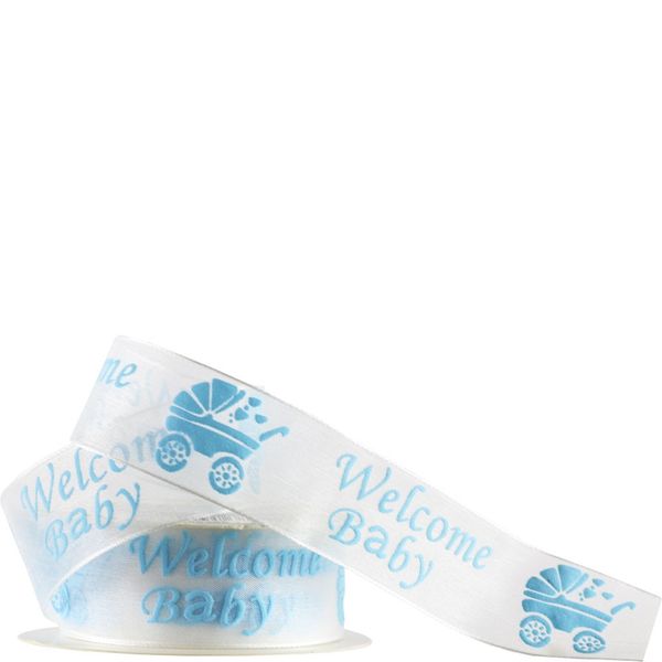 25mm Organza Message Ribbon  Welcome Baby Pram (Blue)_1