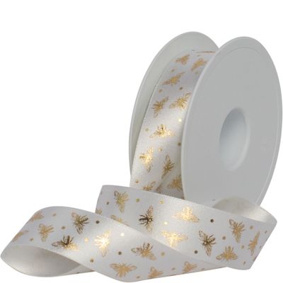 25mm Satin-Effect Recycled Polyester Ribbon  Beeline (Gold on Crisp White)