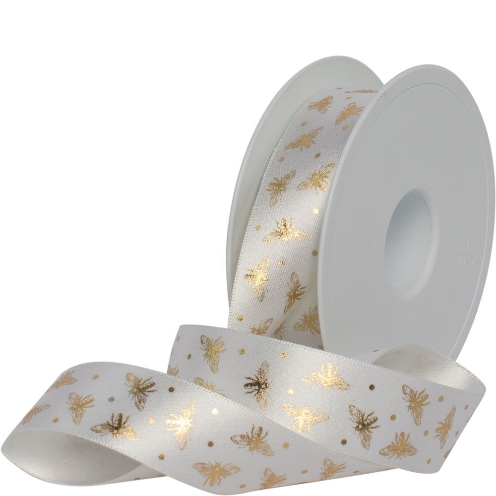 25mm Satin-Effect Recycled Polyester Ribbon � Beeline (Gold on Crisp White)