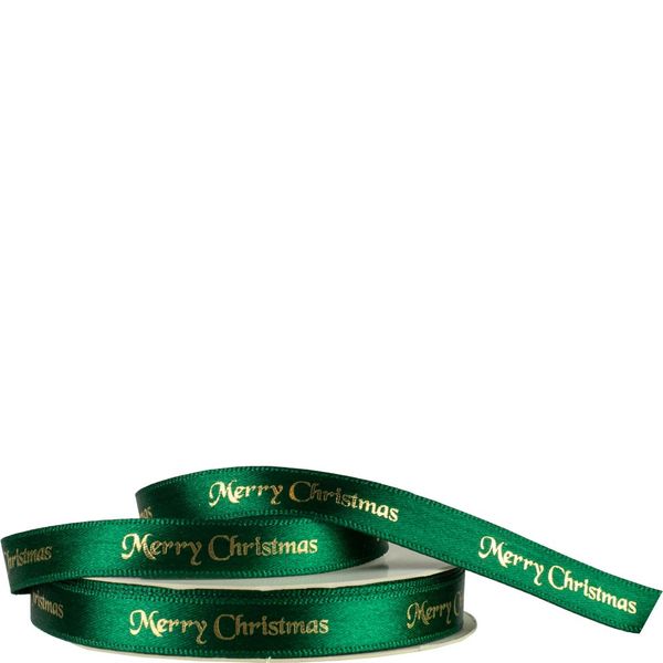 10mm Satin Ribbon  Merry Christmas (Green & Gold)_1