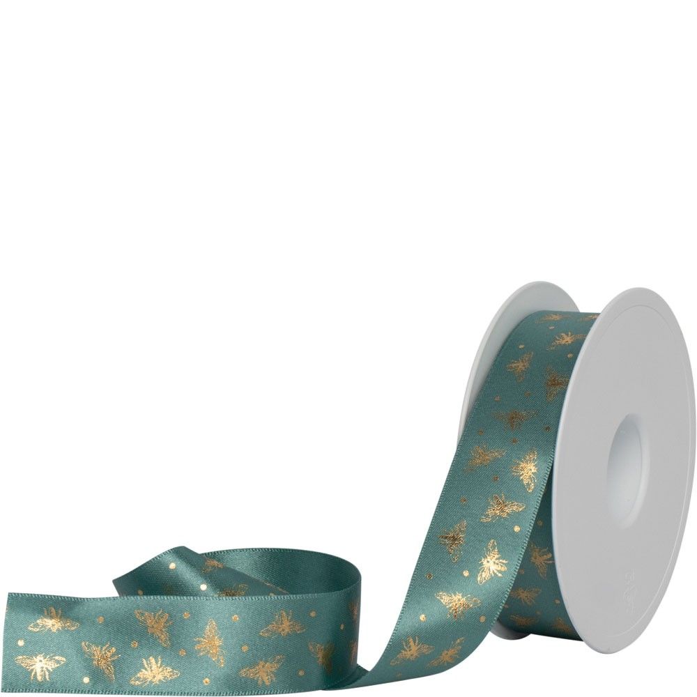 25mm Satin-Effect Recycled Polyester Ribbon � Beeline (Gold on Teal Vibes)