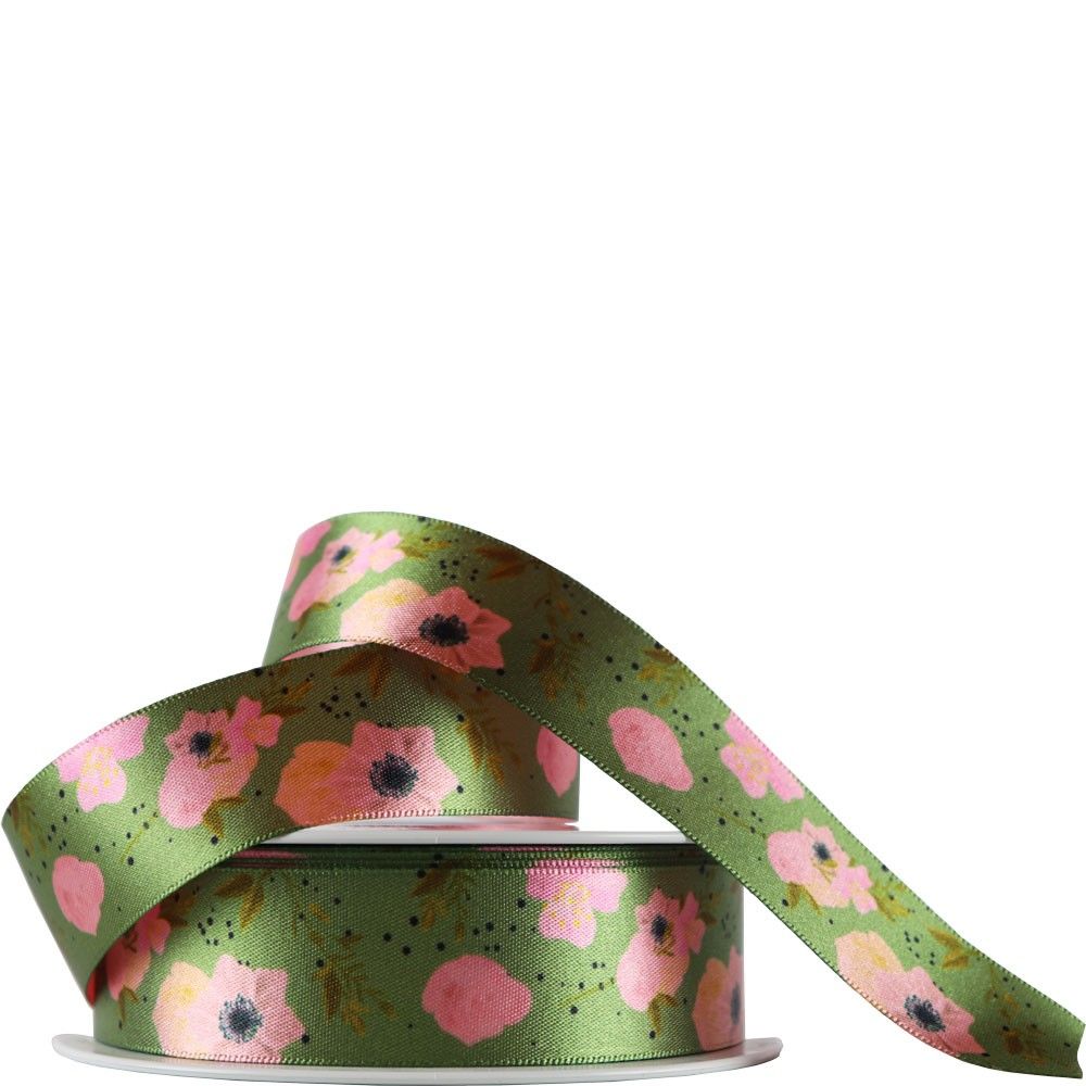 25mm Recycled Polyester Double-Sided Ribbon � Forest Green Floral