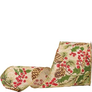 63mm Wired Edge Ribbon  Glittery Festive Woodland