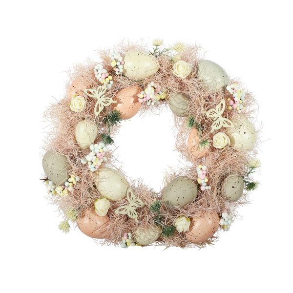 Easter Wreath - Assorted Eggs / Wooden Butterflies - Pastel Pink - 30cm