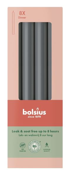 Bolsius Essentials Dinner Candles -230 x20mm - Box 8 - Stormy Grey