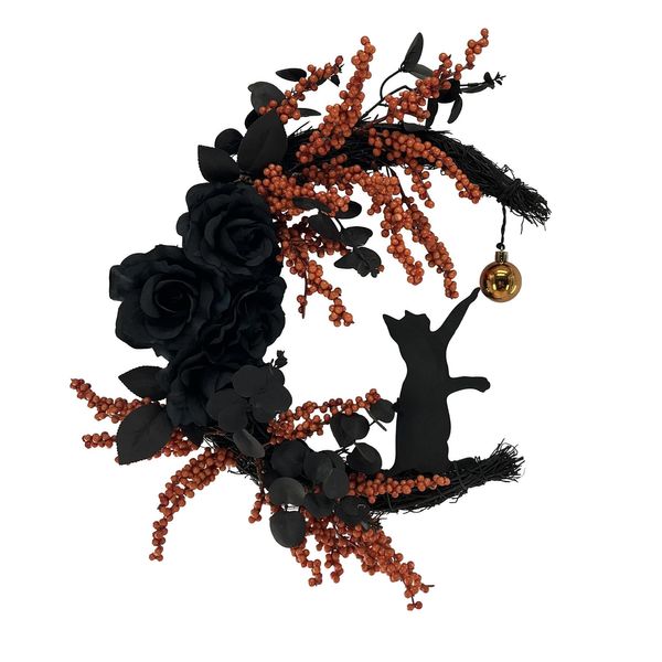 Rose, Berry, Cat Moon Shaped Wreath - Black/Orange - 50cm
