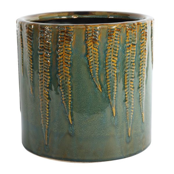 Hortus Albany Reactive Glaze Pot - Green With Fern Print - Dia22.5 x H21.5cm