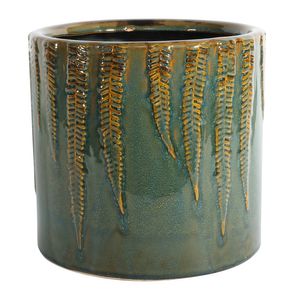 Hortus Albany Reactive Glaze Pot - Green With Fern Print - Dia22.5 x H21.5cm