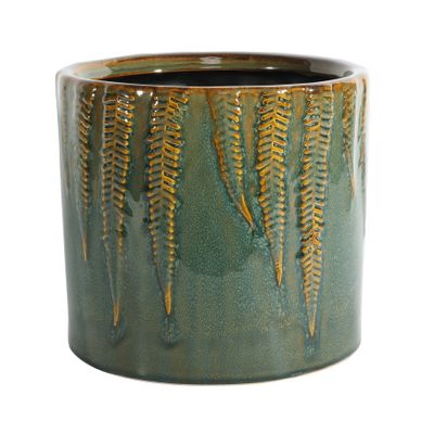 Hortus Albany Reactive Glaze Pot - Green With Fern Print - Dia20x H19cm