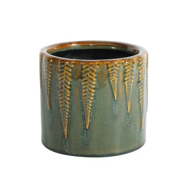 Hortus Albany Reactive Glaze Pot - Green with Fern Print - Dia13 x H12cm