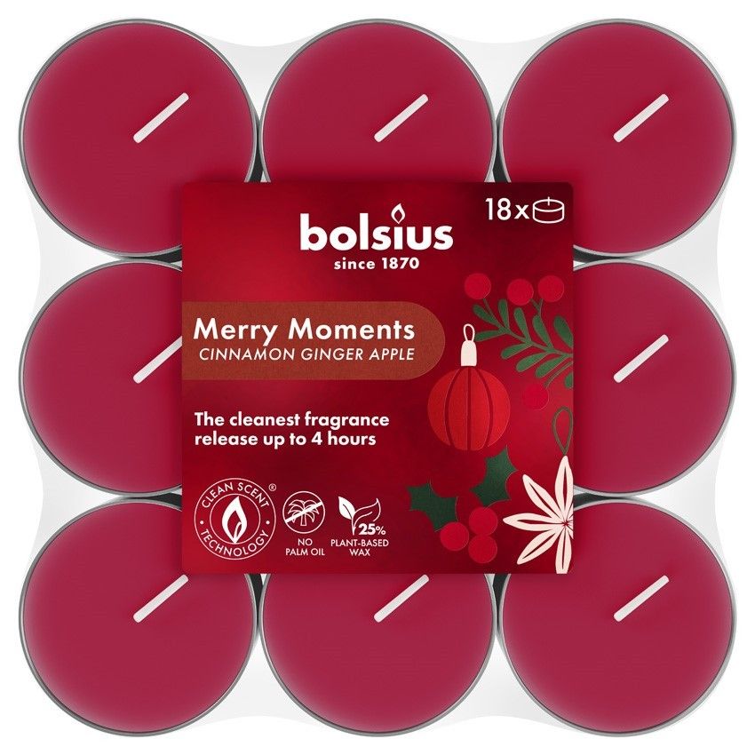 Bolsius True Glow Merry Moments  Fragrance Tea Lights - 4Hr -Pk 18