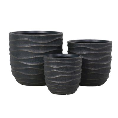 Hortus Outdoor - Wave Pattern Embossed Planter Set  x 3 - Dk Grey /Gold