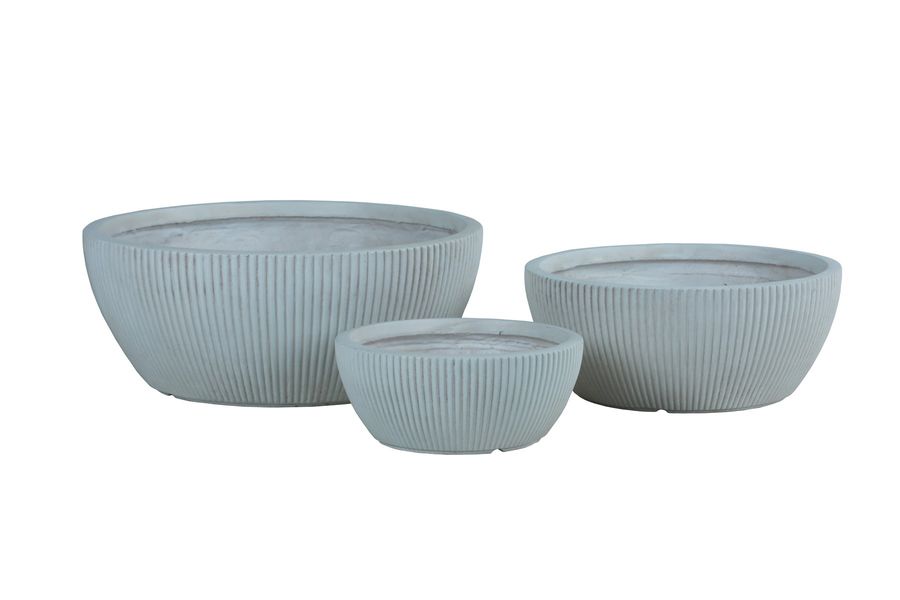 Hortus  Indoor Ribbed  Low Bowl Planter Set x 3 - Lt Grey