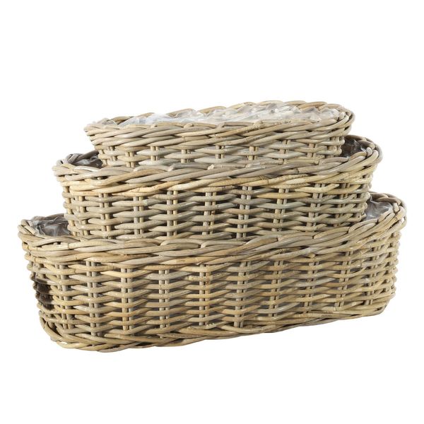 Set of 3 -Oval Tapered  Rattan Baskets with Liner - S/M/L 