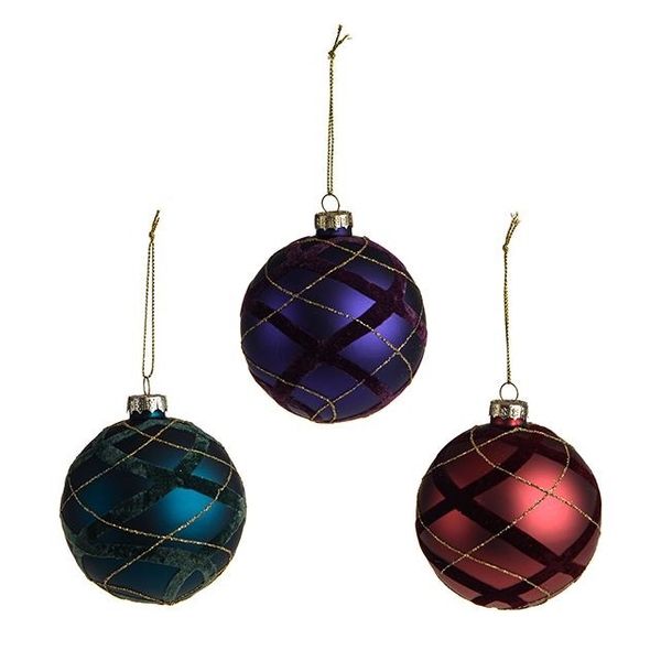Bauble Glass Tartan Glitter 3Ast