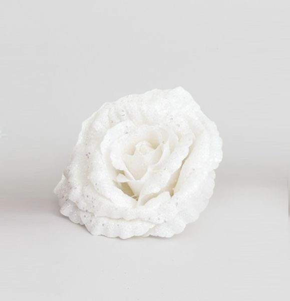 18cm Glitter Rose w/Clip White