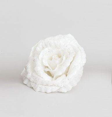 18cm Glitter Rose w/Clip White