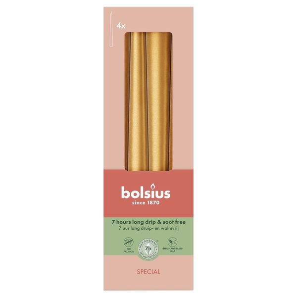 Bolsius Essentials Tapered Candles-245 x 24mm-Special-Box 4-Metallic Gold Orange