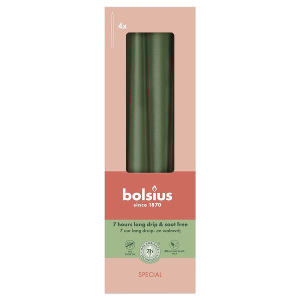 Bolsius Essentials Tapered Candles -245 x 24mm - Special - Box 4 - Metallic Gree