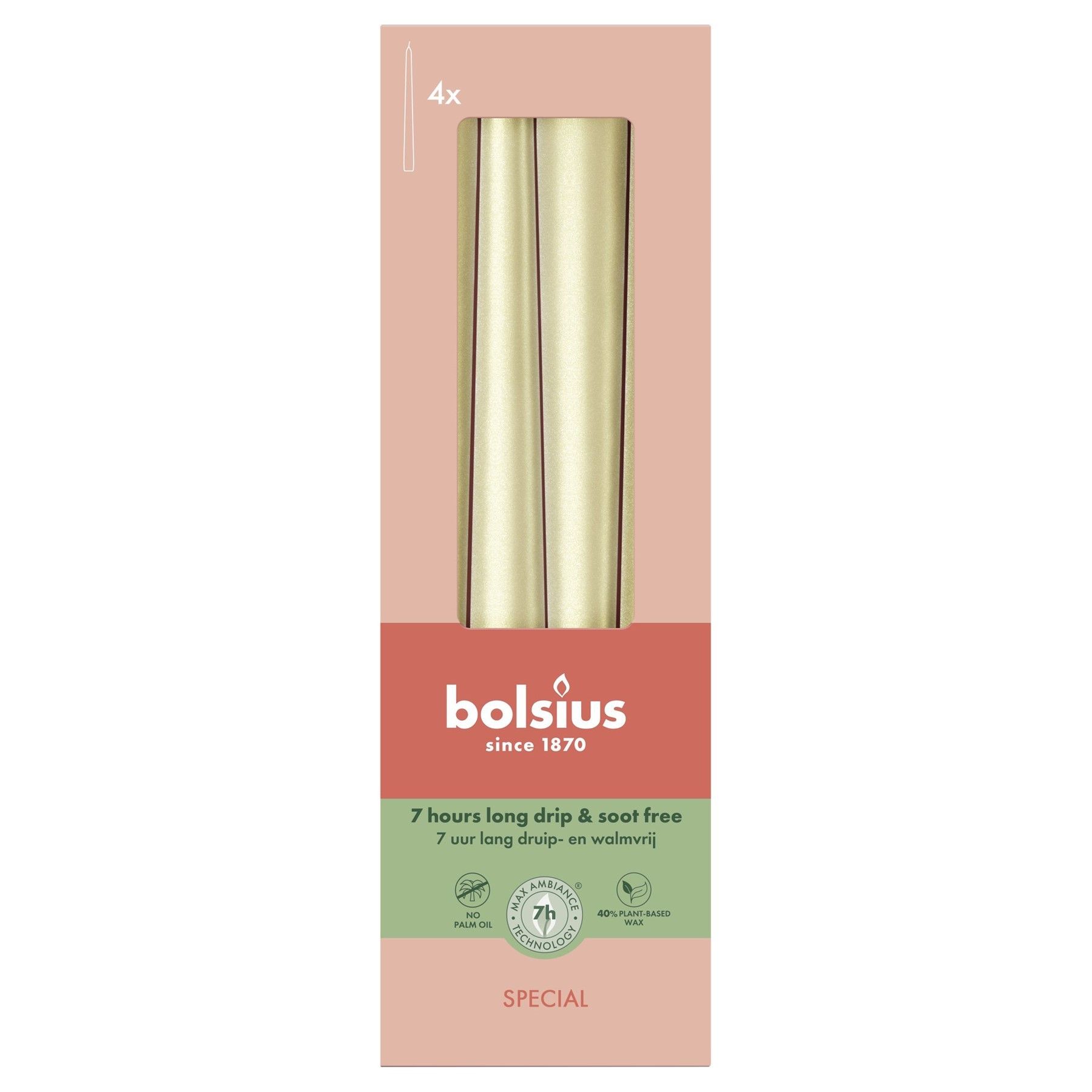 Bolsius Essentials Tapered Candles-245 x 24mm Special-Box 4- Met White Silver