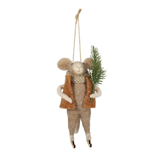 Felt Skating Mouse holding a Spruce Sprig Hanging Decoration - H13cm
