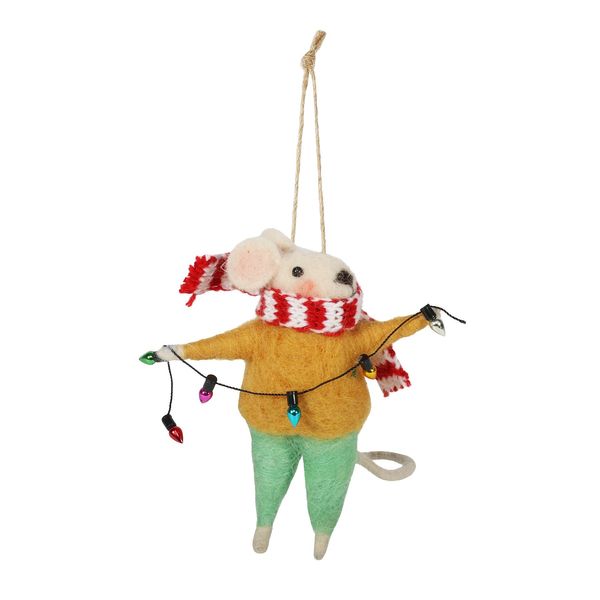 Felt Mouse with String Lights Hanging Decoration - H12cm