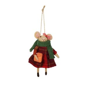 Felt Winter Mouse with Bow Hanging Decoration - H13cm