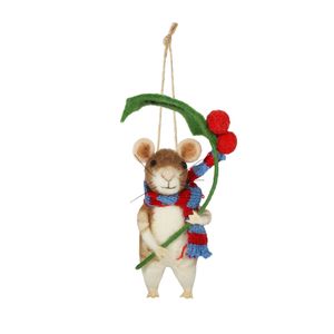 Felt Mouse holding Holly Sprig Hanging Decoration - H15cm