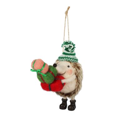 Felt Winter Hedgehog with Gifts Hanging Decoration - H14cm