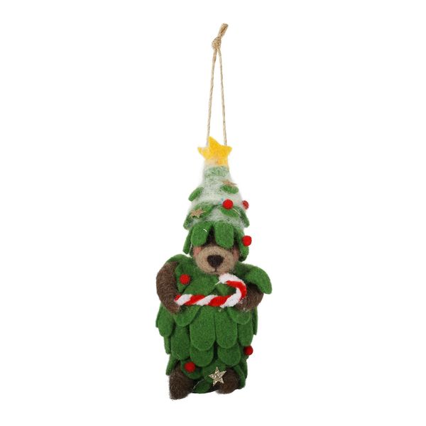 Felt Bear in a Xmas Tree Costume Hanging Decoration - H14cm