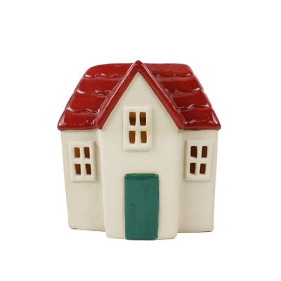 Stoneware House with Red Roof Ornament - LED Warm White - H13cm